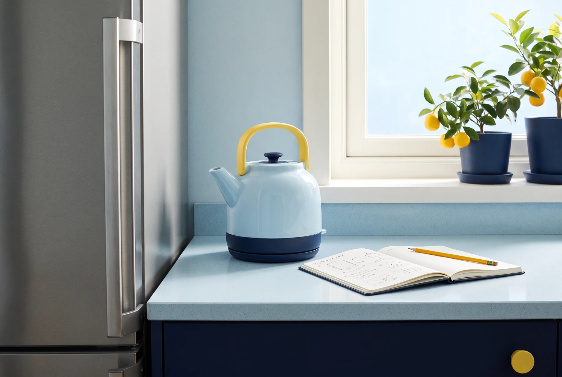 A refrigerator beside a clean kitchen counter with a kettle and notebook