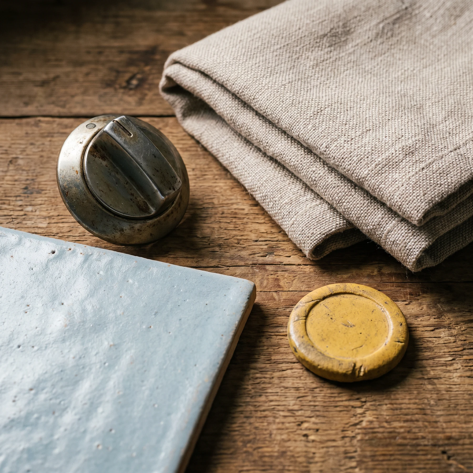 Neutral cloths and a dial on a wooden work surface