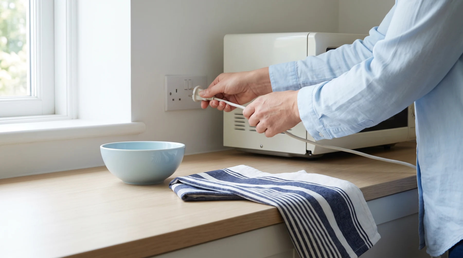 A person reading appliance paperwork at a kitchen counter