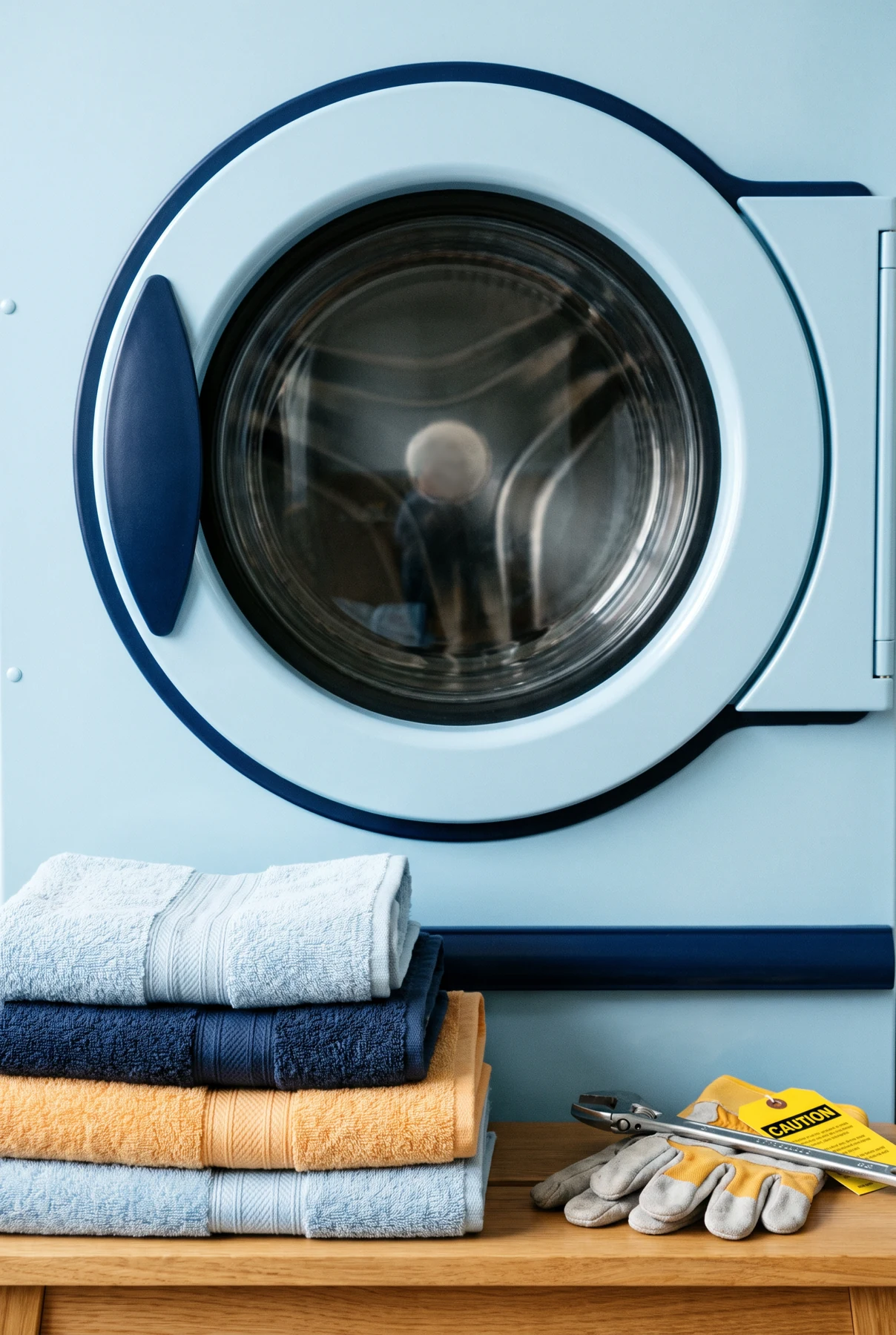 Front of a laundry appliance with folded towels nearby