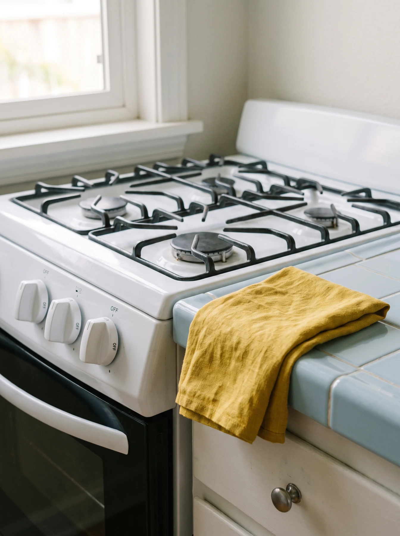 A freestanding gas cooker in a bright kitchen