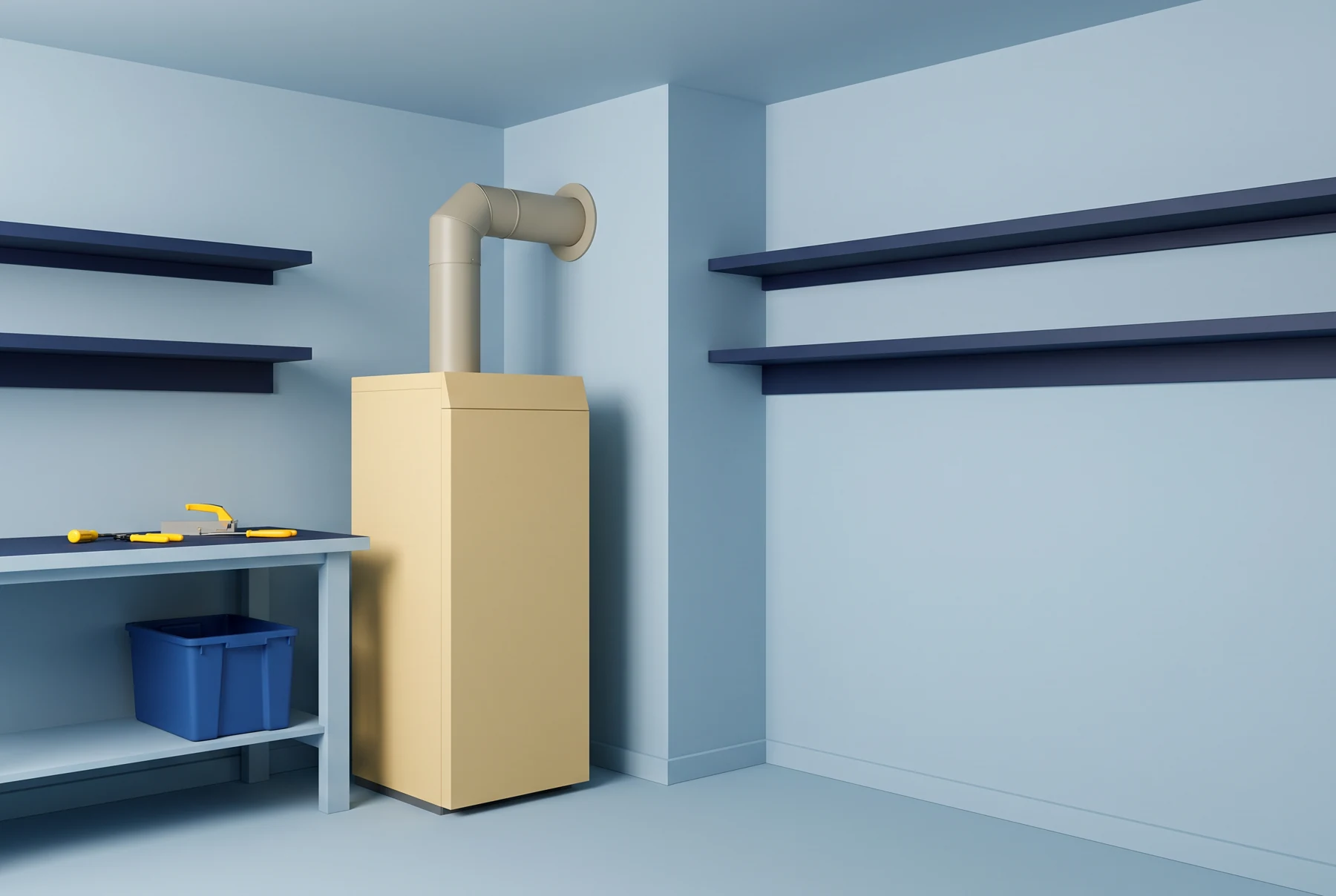 A compact heating unit in a clean blue utility room
