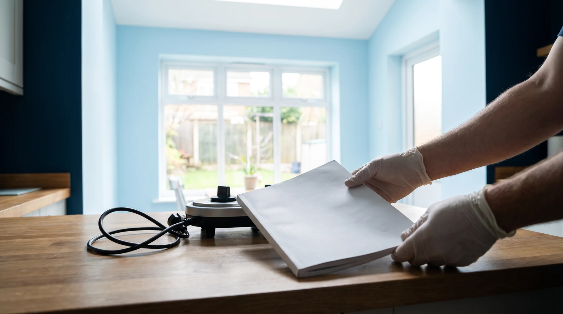 Hands making notes at a kitchen table beside an appliance plug